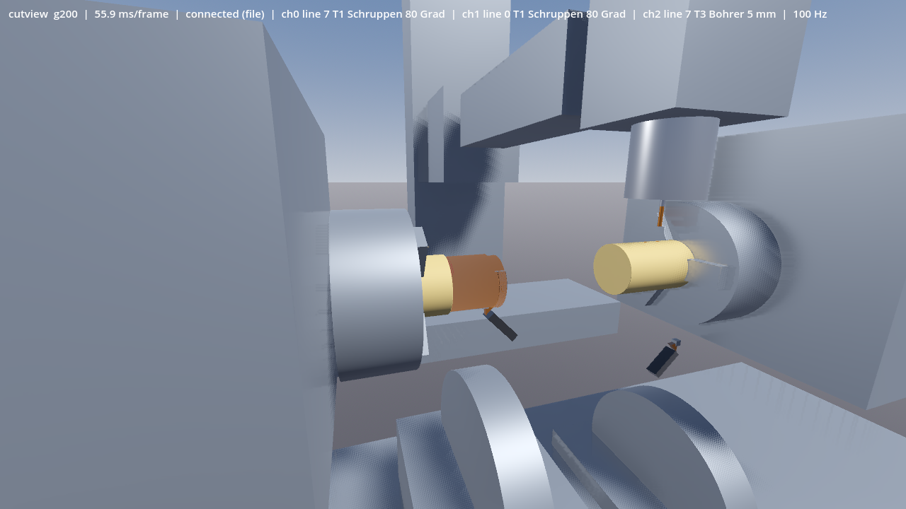 cutview: Revolver 1 dreht das Teil der Hauptspindel, der Fräskopf bohrt gleichzeitig das Teil der Gegenspindel
